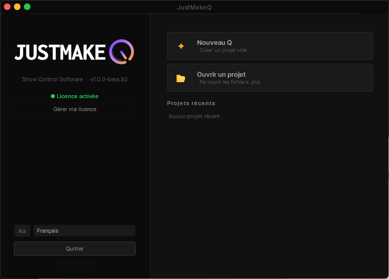 Écran d'accueil de JustMakeQ
