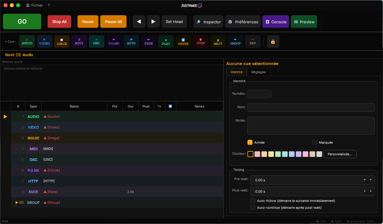 Neuf types de cues dans la cue-list